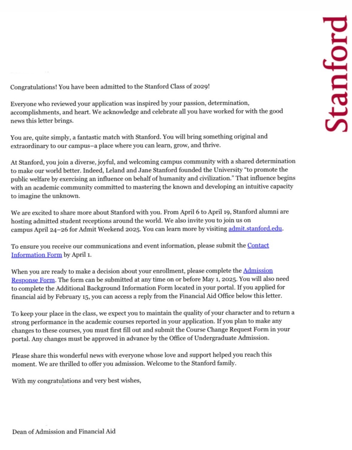 Stanford University acceptance letter