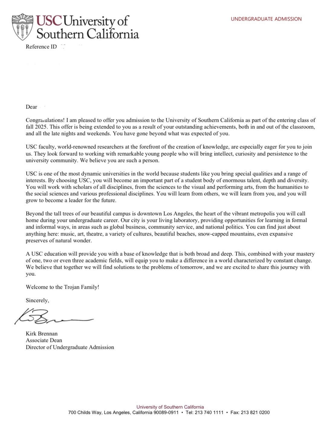 University of Southern California acceptance letter