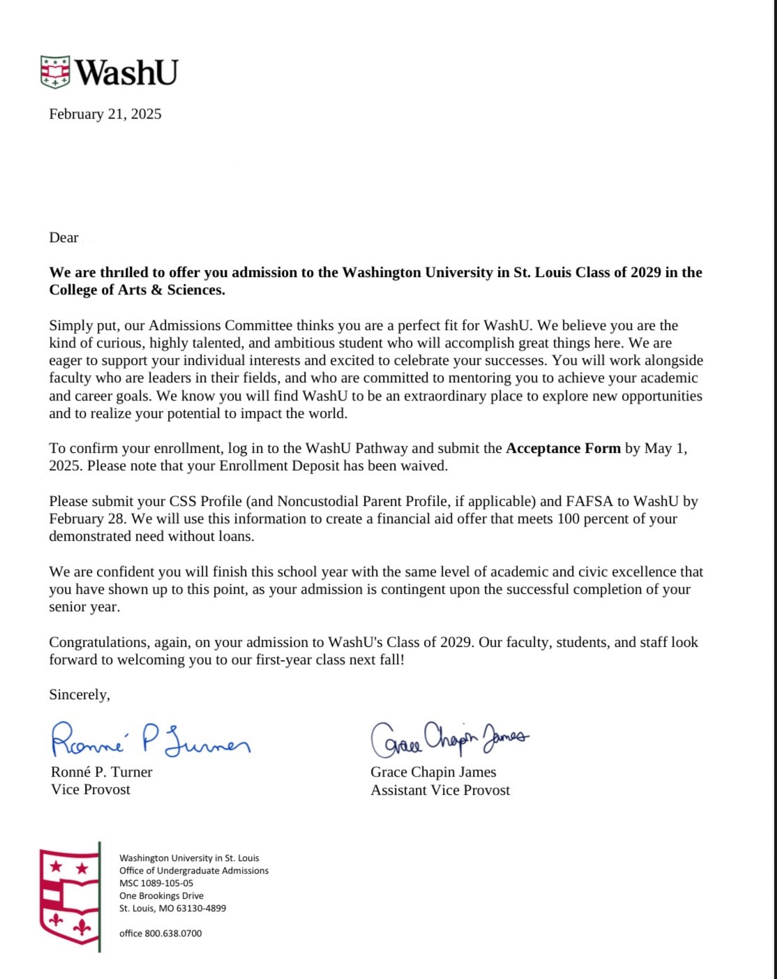 Washington University in St. Louis acceptance letter