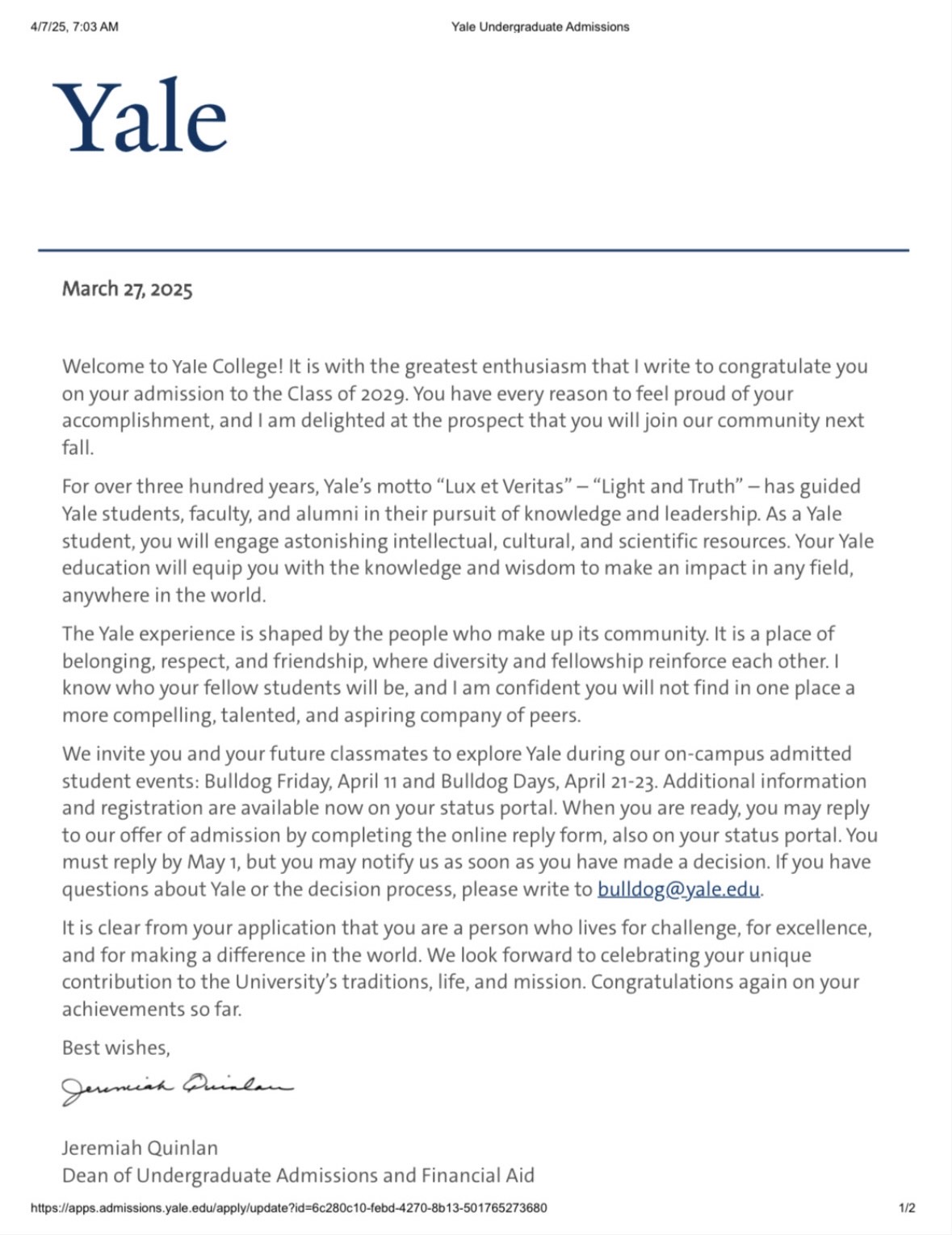 Yale University acceptance letter